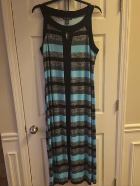 Striped Sleeveless Maxi Dress in Aqua and Black
